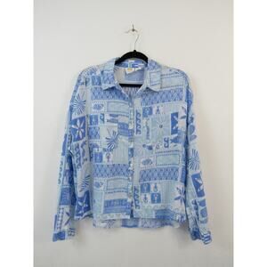 C&C California Large Linen Blue White Patchwork Printed Long Sleeve Button Up